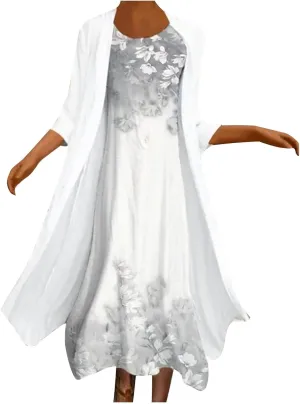 Women Floral Flowy Midi Dresses with Jacket Plus Size 2 Piece Sets Cocktail Wedding Guest Dress and Cardigan Outfits