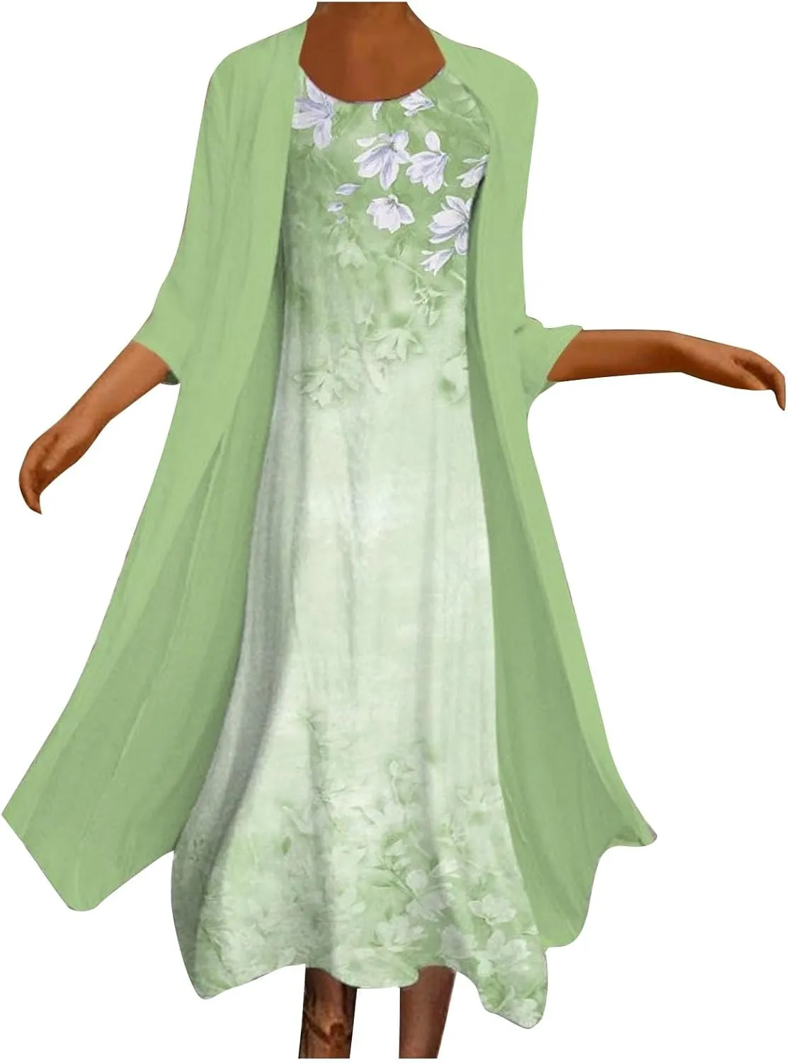 Women Floral Flowy Midi Dresses with Jacket Plus Size 2 Piece Sets Cocktail Wedding Guest Dress and Cardigan Outfits