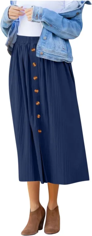 Women Front Button A-Line Midi Skirt Summer Casual High Waisted Skirts Trendy Casual Solid Color Flowy Pleated Skirt