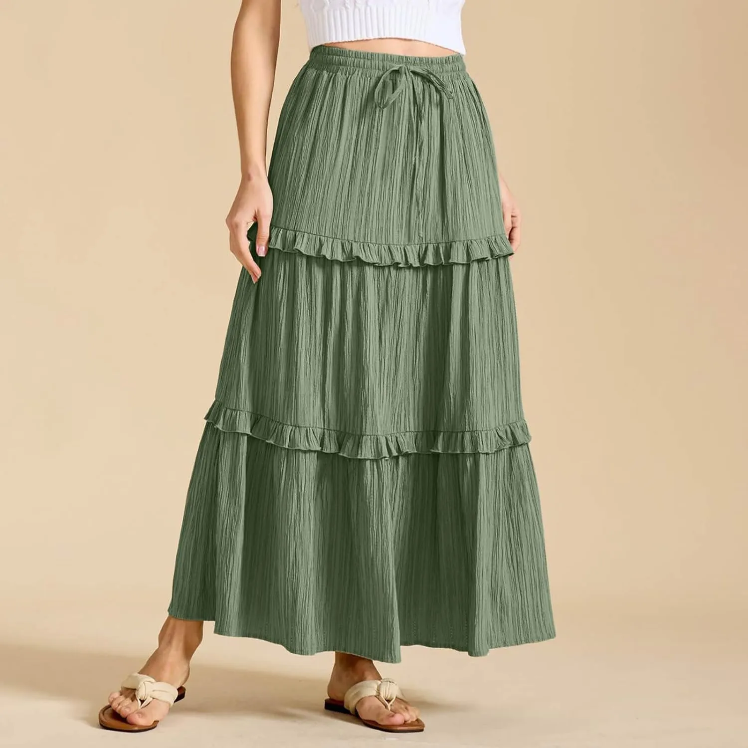 Women Midi Skirt Summer Boho Elastic High Waist Beach Long Skirts Casual Trendy Hem Pleated A-Line Flowy Swing Skirt
