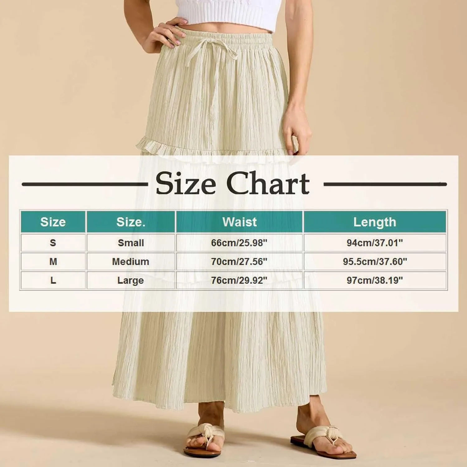 Women Midi Skirt Summer Boho Elastic High Waist Beach Long Skirts Casual Trendy Hem Pleated A-Line Flowy Swing Skirt