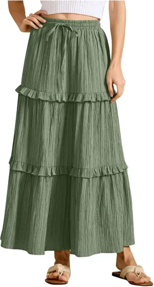 Women Midi Skirt Summer Boho Elastic High Waist Beach Long Skirts Casual Trendy Hem Pleated A-Line Flowy Swing Skirt
