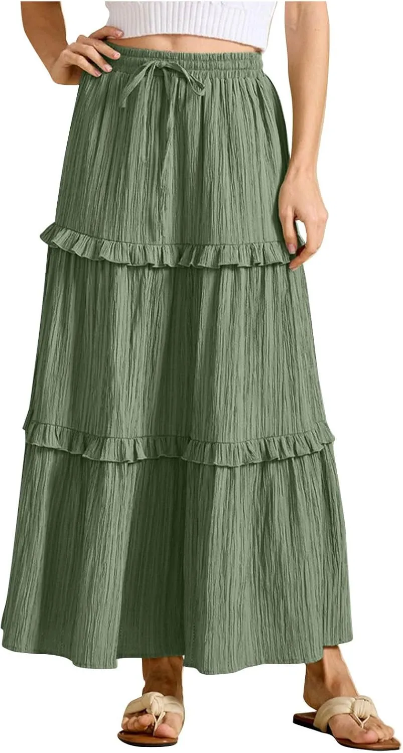 Women Midi Skirt Summer Boho Elastic High Waist Beach Long Skirts Casual Trendy Hem Pleated A-Line Flowy Swing Skirt