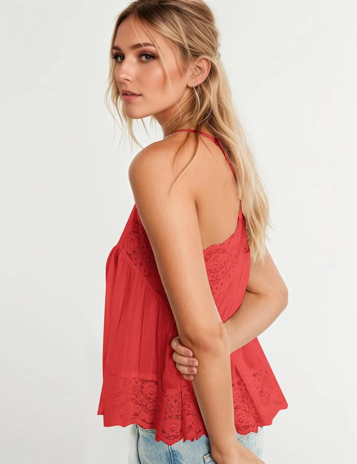 Women Sexy V Neck Sleeveless Lace Camisole Tops Flowy Floral Backless Spaghetti Strap Tank Tops Sheer Boho Mesh Tops