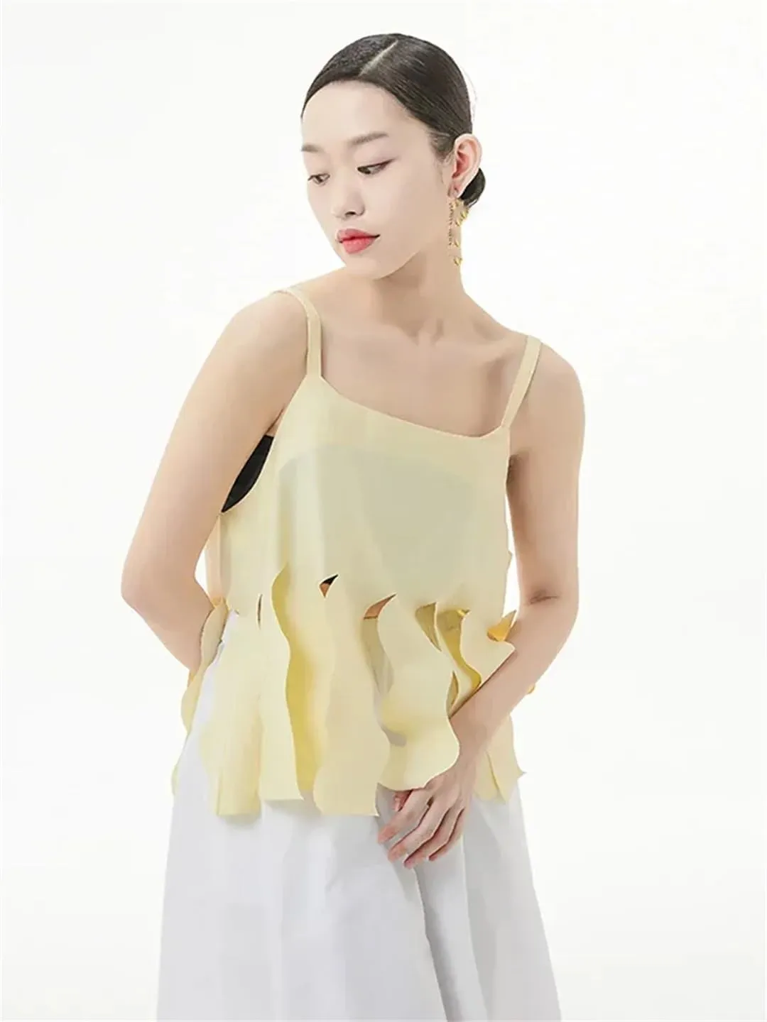 Women Solid Color Wave Cut Fork Tanks Sleeveless Off-Shoulder Camisole Summer Casual Top
