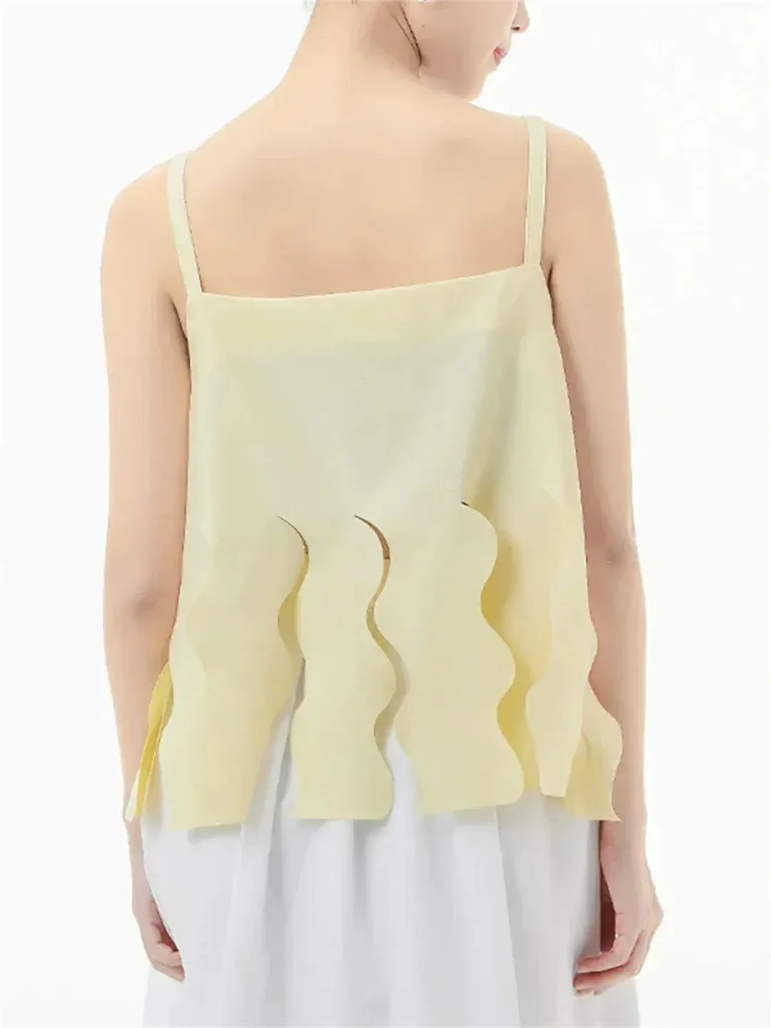 Women Solid Color Wave Cut Fork Tanks Sleeveless Off-Shoulder Camisole Summer Casual Top