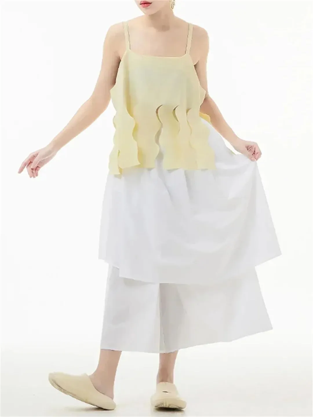 Women Solid Color Wave Cut Fork Tanks Sleeveless Off-Shoulder Camisole Summer Casual Top