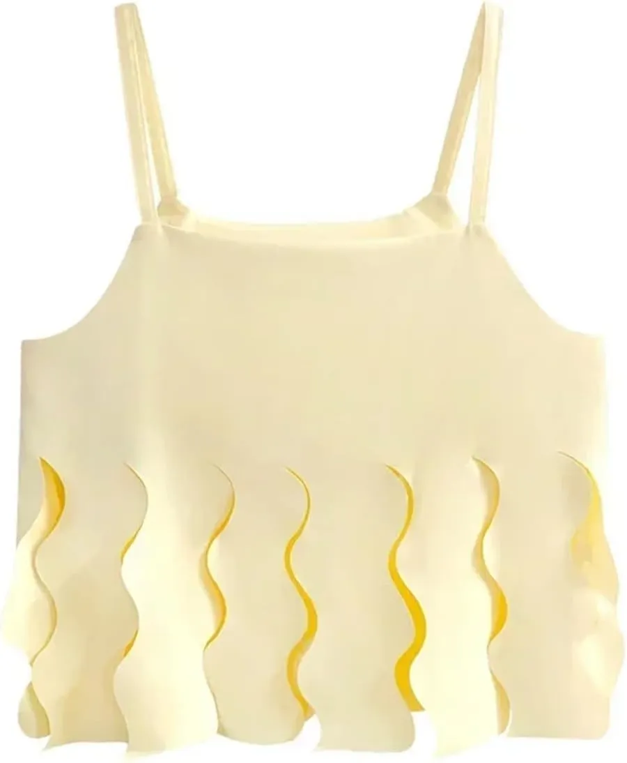 Women Solid Color Wave Cut Fork Tanks Sleeveless Off-Shoulder Camisole Summer Casual Top