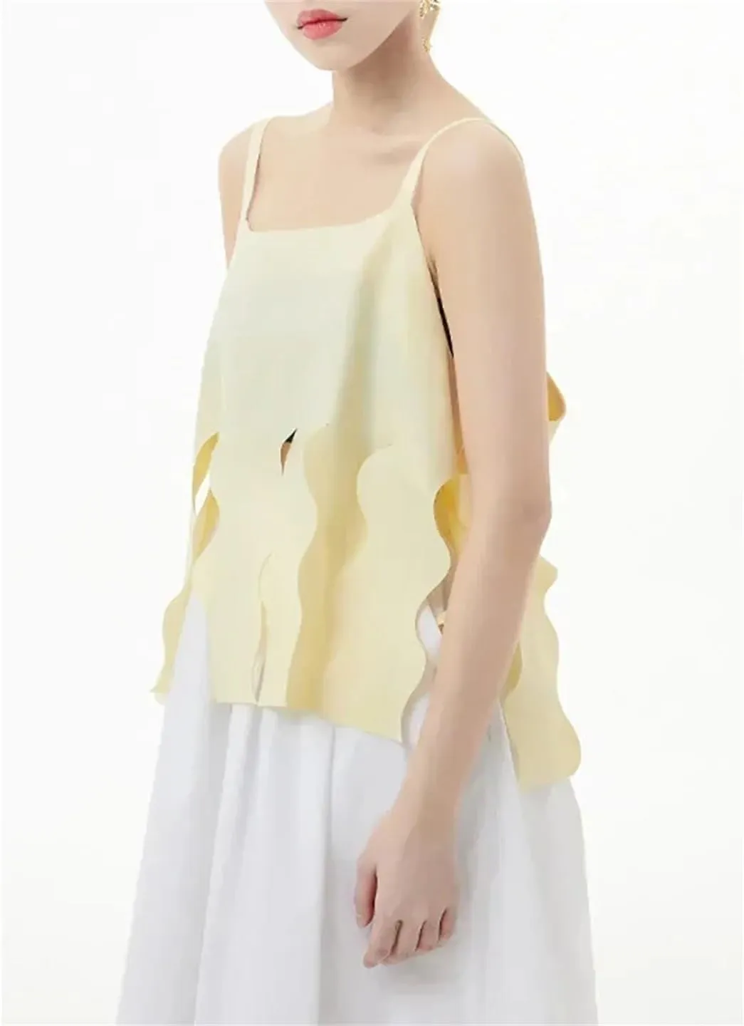 Women Solid Color Wave Cut Fork Tanks Sleeveless Off-Shoulder Camisole Summer Casual Top