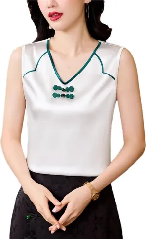 Women Spring Summer Fashion Tank Tops Patchwork Silk Satin Sleeveless Camisole Tops