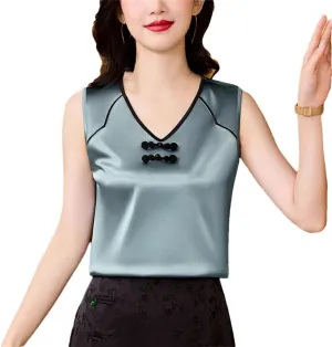 Women Spring Summer Fashion Tank Tops Patchwork Silk Satin Sleeveless Camisole Tops