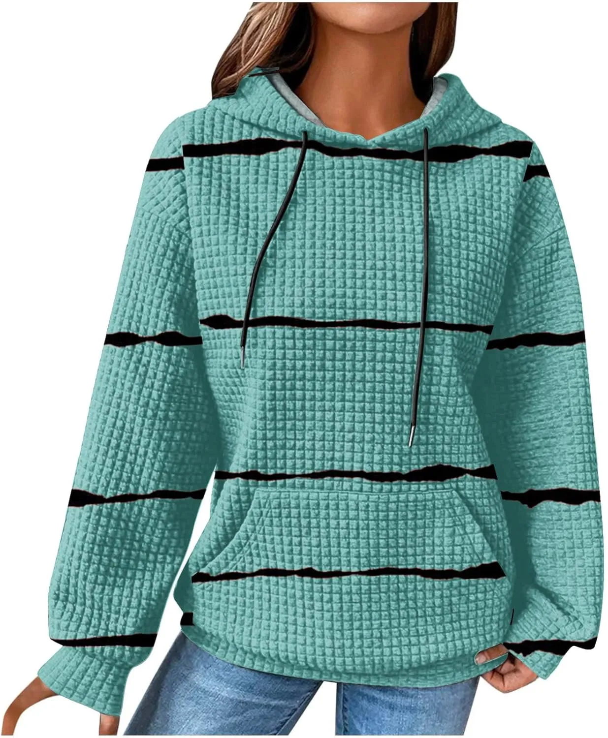 Women Striped Oversized Hoodies Long Sleeve Color Block Sweatshirt Drawstring Pullover Waffle Knit Tops Fall Outfits