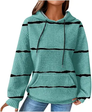 Women Striped Oversized Hoodies Long Sleeve Color Block Sweatshirt Drawstring Pullover Waffle Knit Tops Fall Outfits