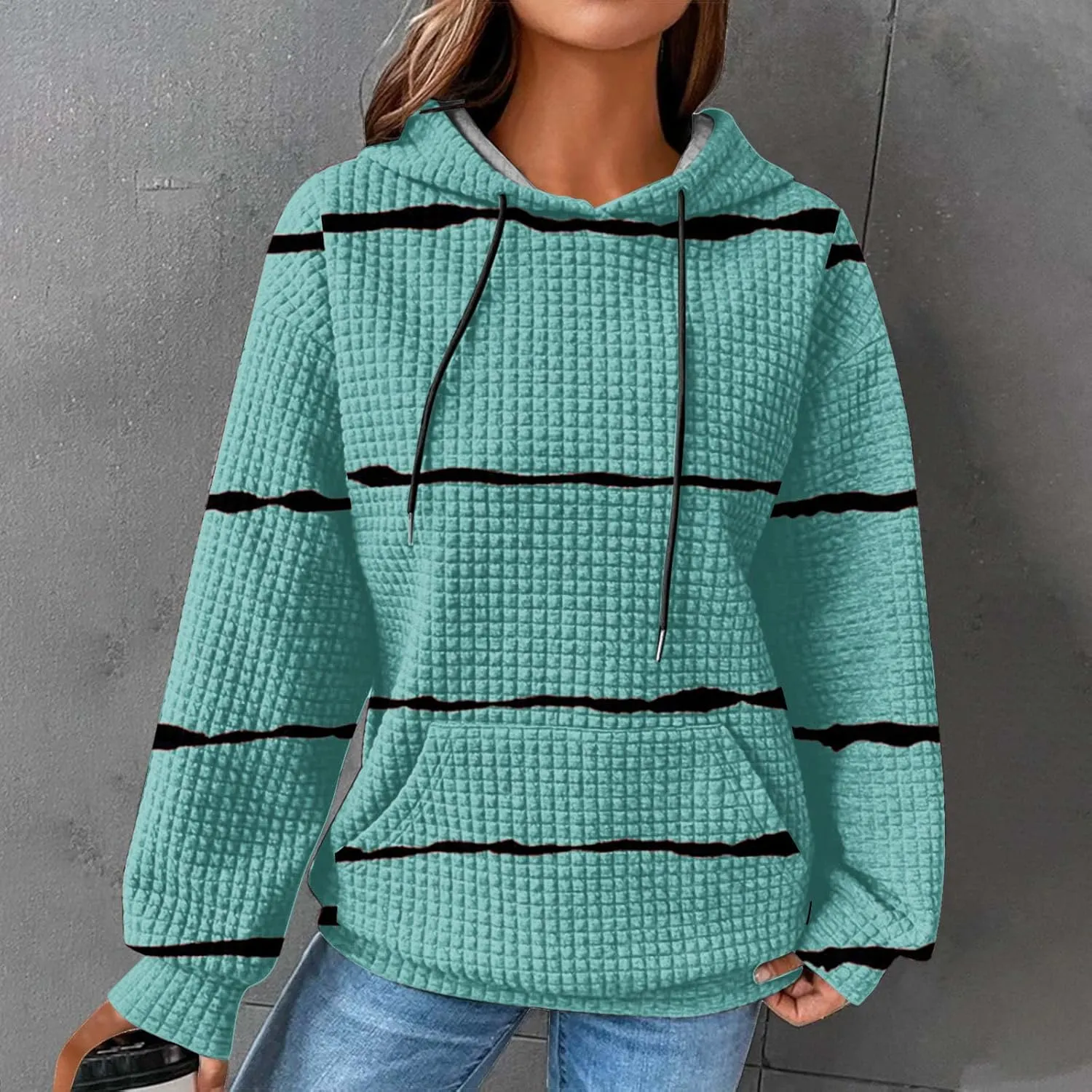 Women Striped Oversized Hoodies Long Sleeve Color Block Sweatshirt Drawstring Pullover Waffle Knit Tops Fall Outfits