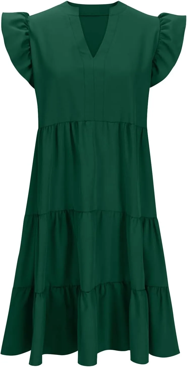 Women Summer Flowy Dress Casual V Neck Dresses Ruffle Sleeve Dress Tiered Boho Dress Loose Beach Vacation Sundress