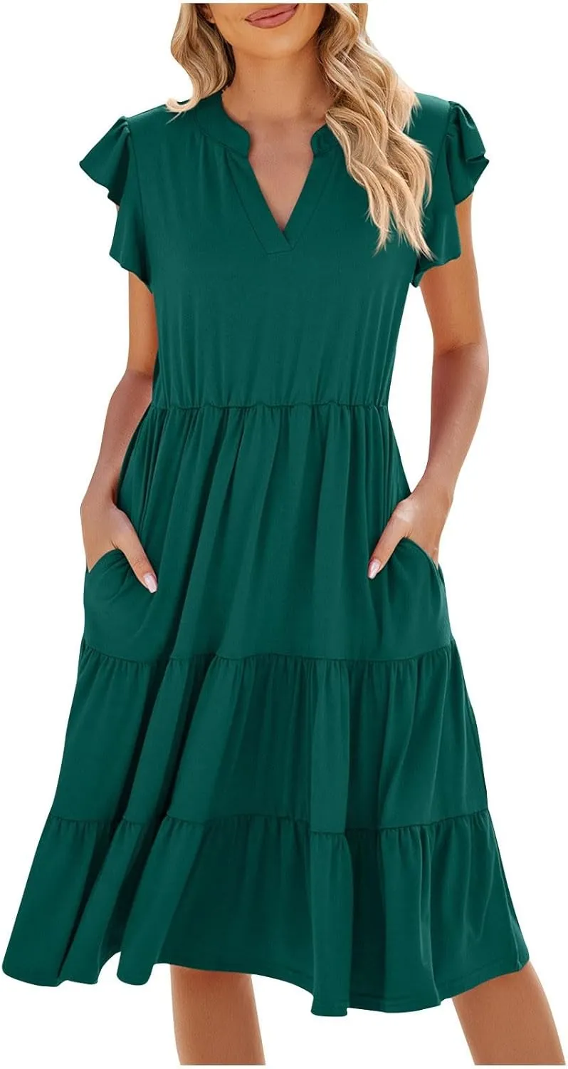 Women Summer Flowy Dress Casual V Neck Dresses Ruffle Sleeve Dress Tiered Boho Dress Loose Beach Vacation Sundress