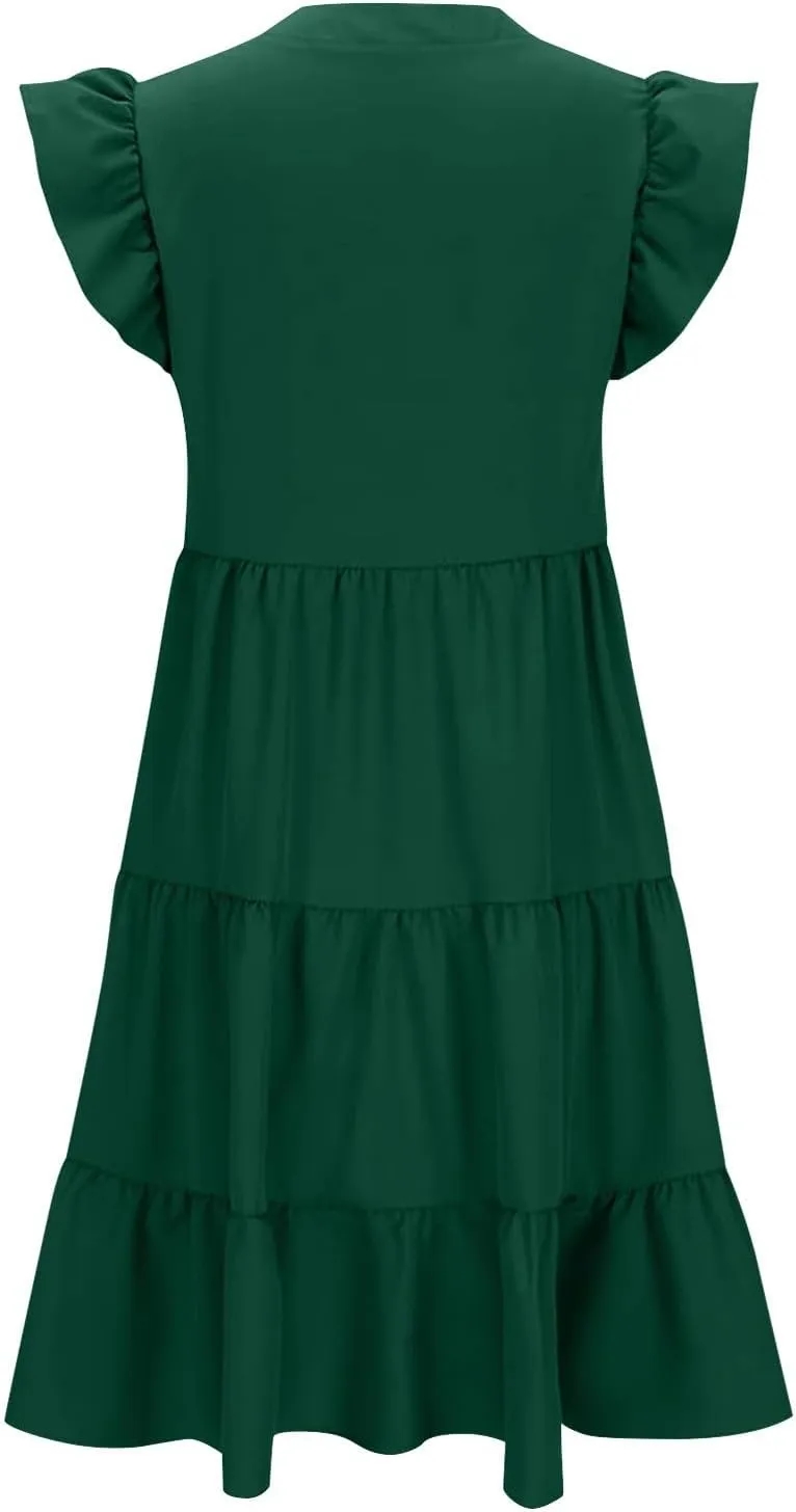 Women Summer Flowy Dress Casual V Neck Dresses Ruffle Sleeve Dress Tiered Boho Dress Loose Beach Vacation Sundress