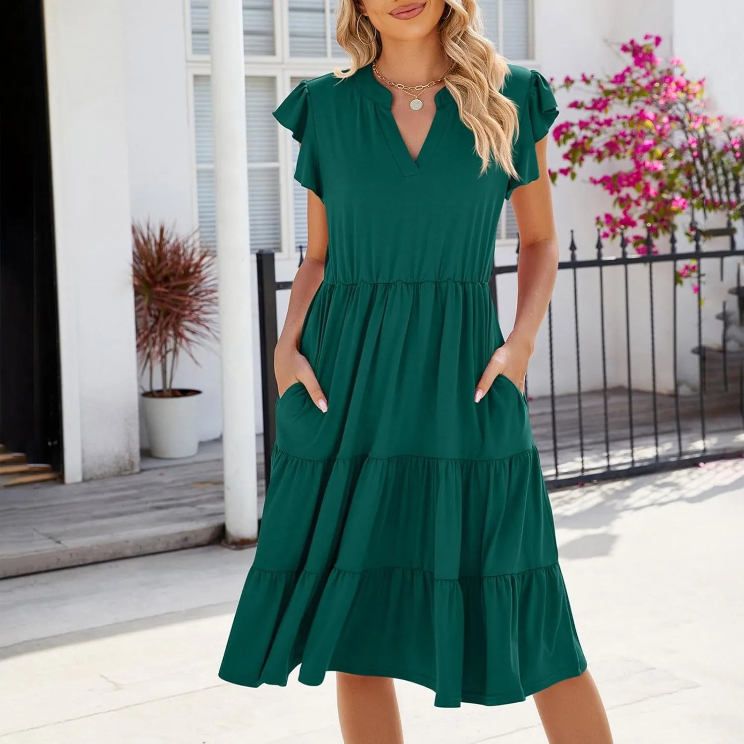 Women Summer Flowy Dress Casual V Neck Dresses Ruffle Sleeve Dress Tiered Boho Dress Loose Beach Vacation Sundress