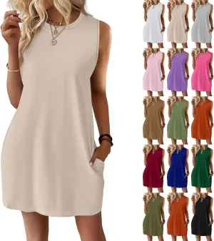 Women Tank Dress Casual Loose Sleeveless Crew Neck Tshirt Dress with Pockets Short Summer Beach Vacation Sun Dresses