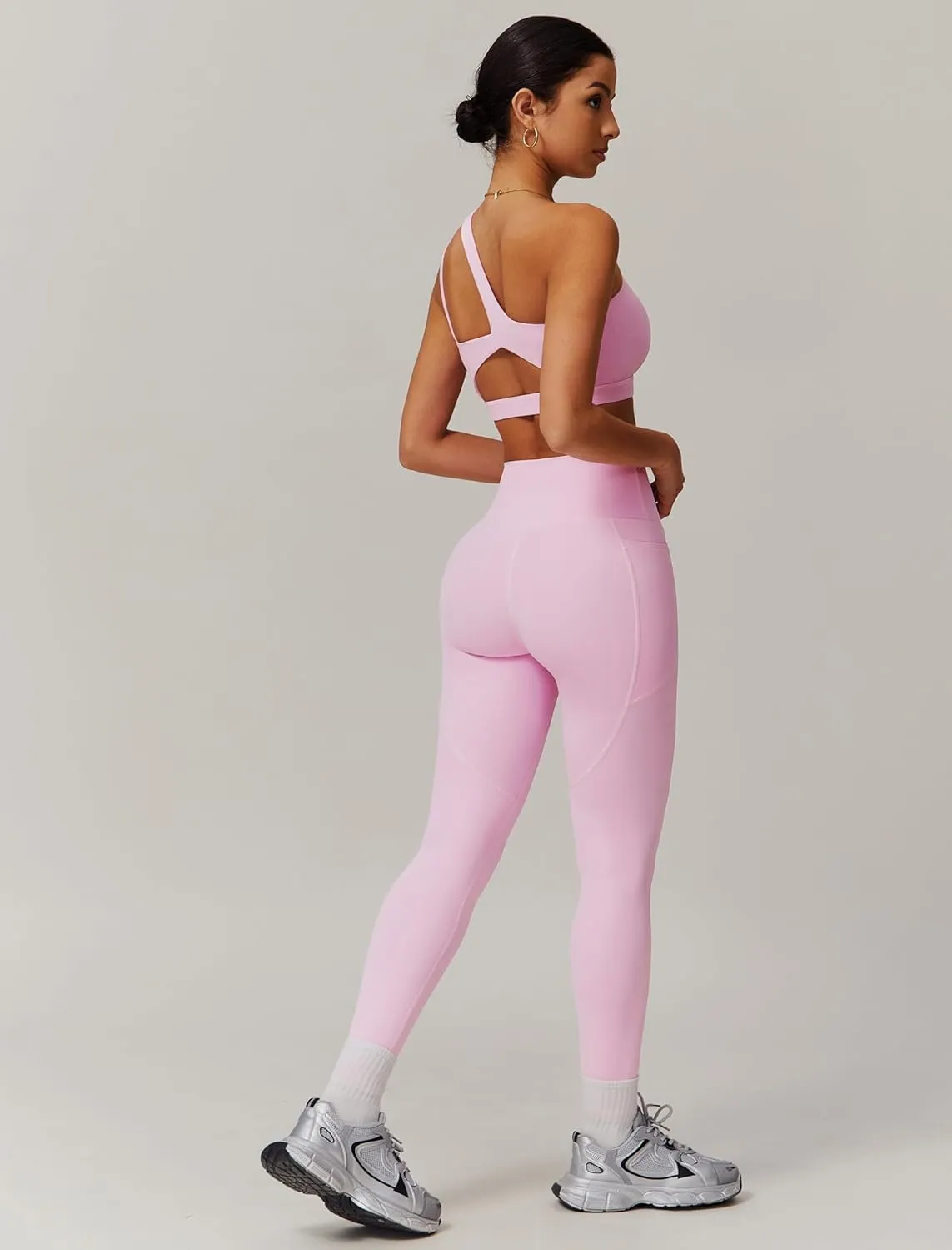 Women Workout Set Single Shoulder Straps Sports Bras and Leggings Set 2 Piece Gym Yoga Active Wear Outfit with Pockets