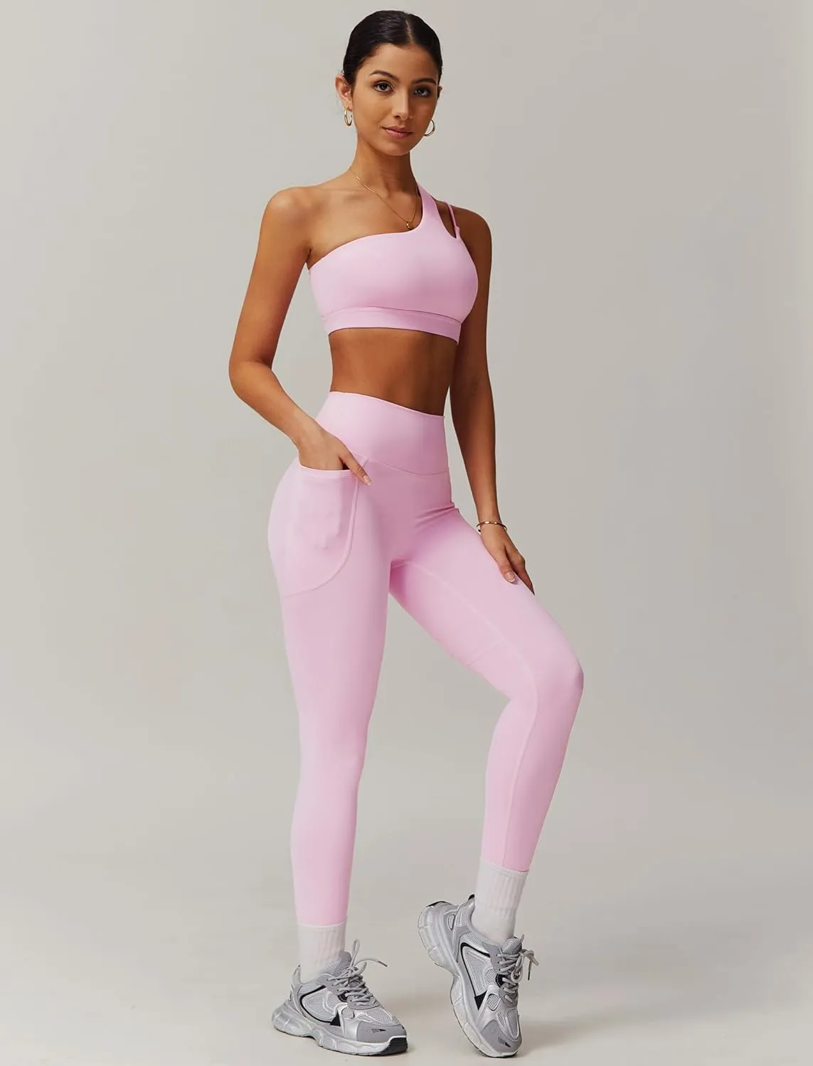 Women Workout Set Single Shoulder Straps Sports Bras and Leggings Set 2 Piece Gym Yoga Active Wear Outfit with Pockets