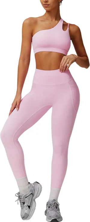 Women Workout Set Single Shoulder Straps Sports Bras and Leggings Set 2 Piece Gym Yoga Active Wear Outfit with Pockets