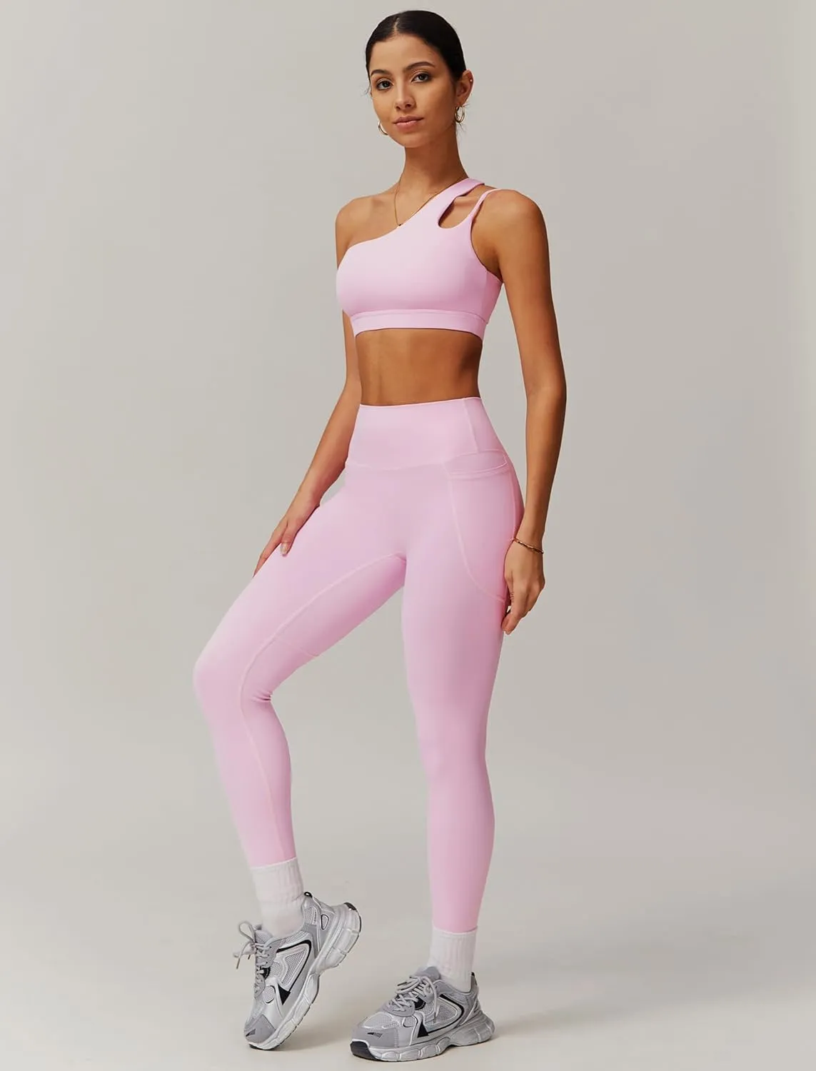 Women Workout Set Single Shoulder Straps Sports Bras and Leggings Set 2 Piece Gym Yoga Active Wear Outfit with Pockets