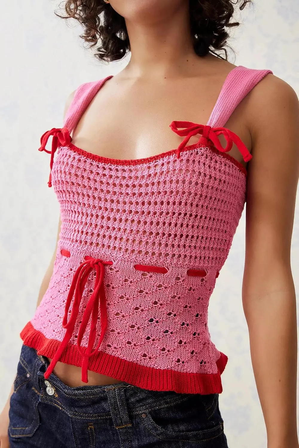 Women Y2k Spaghetti Strap Lace Camisole Sleeveless Floral Ruffle Crop Cami Top Slim Fit Going Out Tops Streetwear