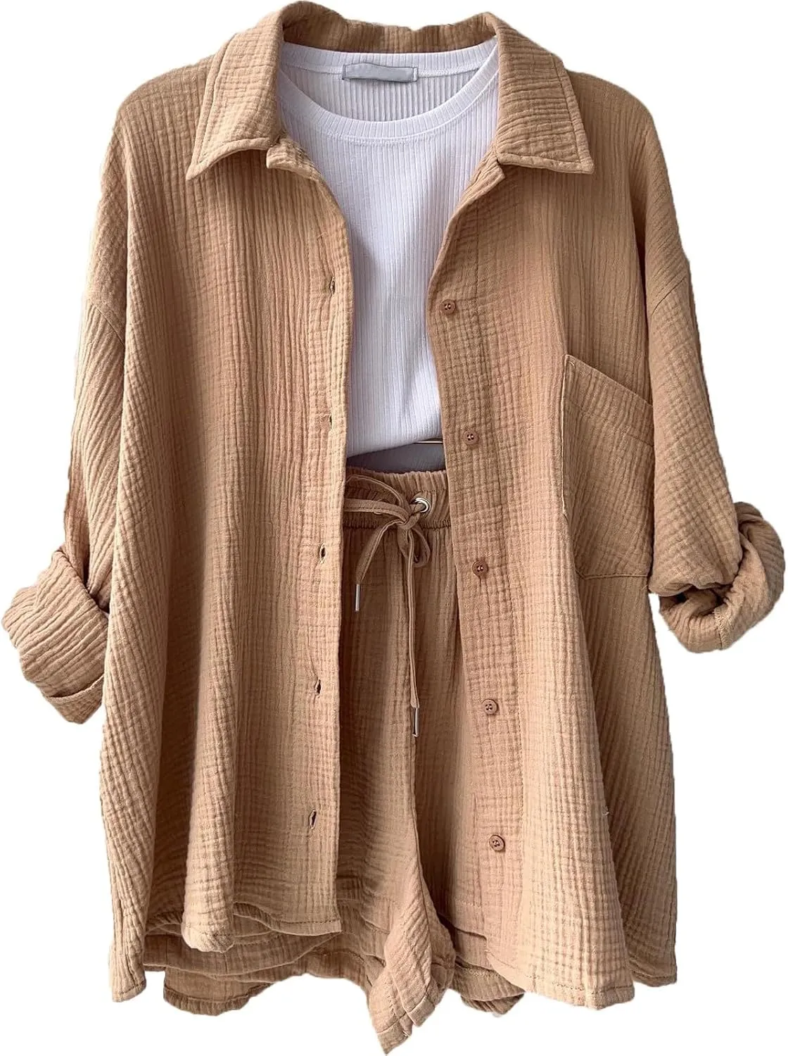 Women's 2 Piece Outfits Long Sleeve Button Down Shirts and Shorts Set Casual 2 Piece Sets Summer Oversized Tracksuit