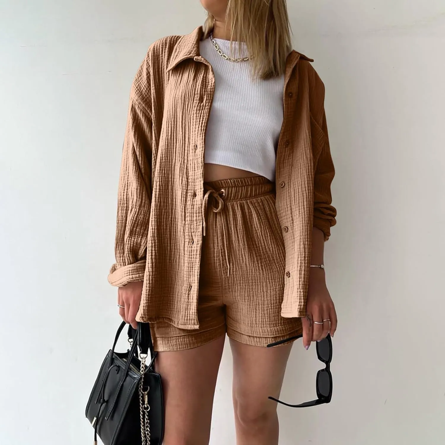 Women's 2 Piece Outfits Long Sleeve Button Down Shirts and Shorts Set Casual 2 Piece Sets Summer Oversized Tracksuit