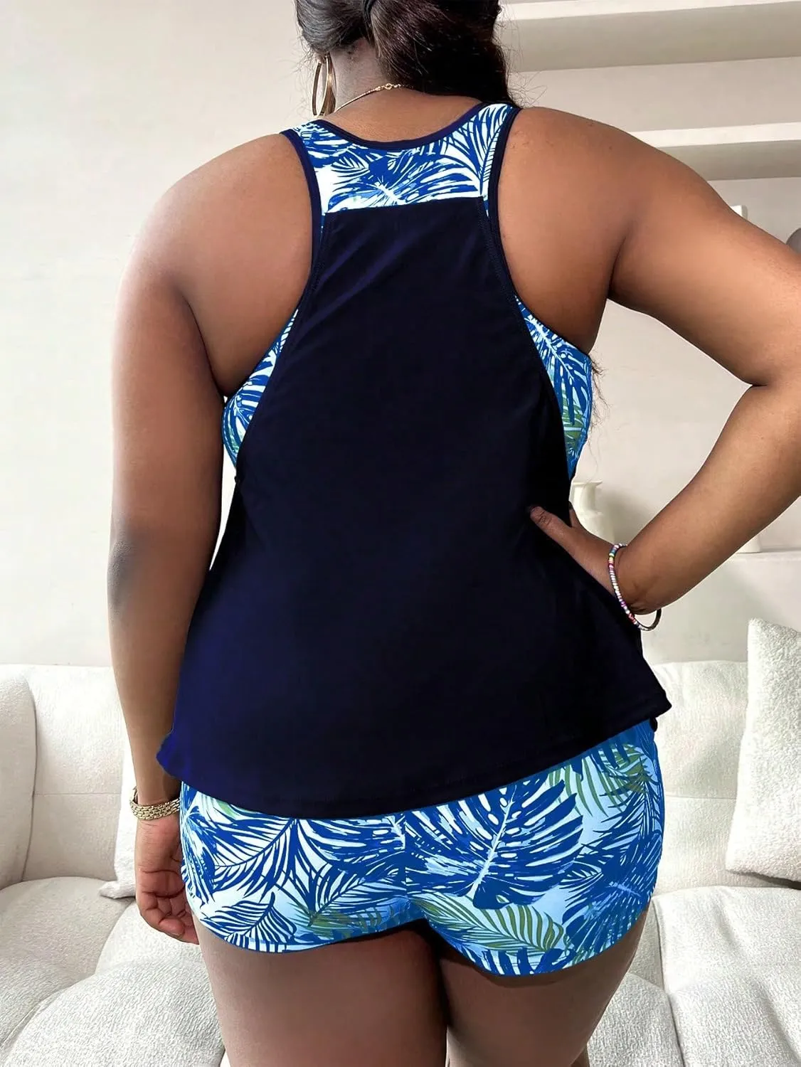 Women's 2 Piece Plus Size Tropical Tankini Swimsuit Racerback Tank Top with Shorts Bathing Suit