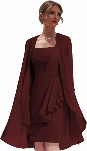 Women's 2 Pieces Mother of The Bride Dresses for Wedding Short Formal Dress with Jacket Chiffon Evening Gown