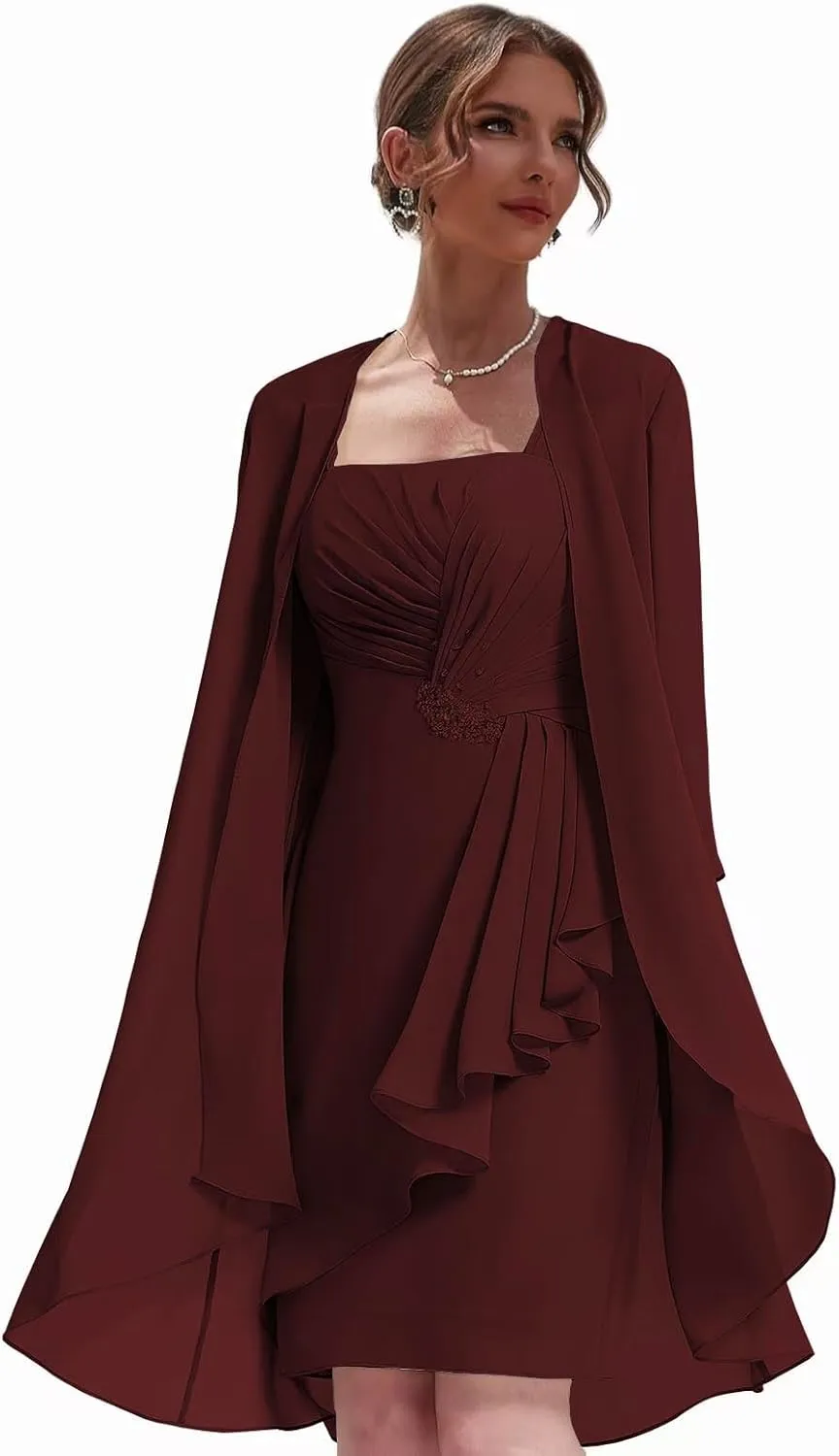 Women's 2 Pieces Mother of The Bride Dresses for Wedding Short Formal Dress with Jacket Chiffon Evening Gown