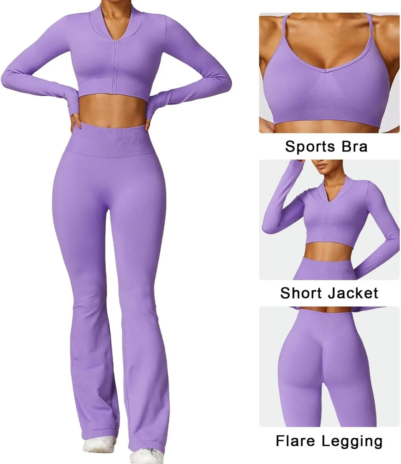 Women's 3 Piece Workout Sets, Seamless High Waist Flare Leggings Sports Bra and Zip Jacket