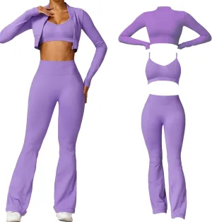 Women's 3 Piece Workout Sets, Seamless High Waist Flare Leggings Sports Bra and Zip Jacket