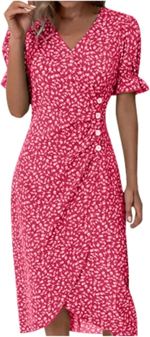 Women's Bohemian Floral Printed Short Sleeve Summer Dress Wrap V Neck Beach Flowy Irregular Hem Slit Midi Dresses