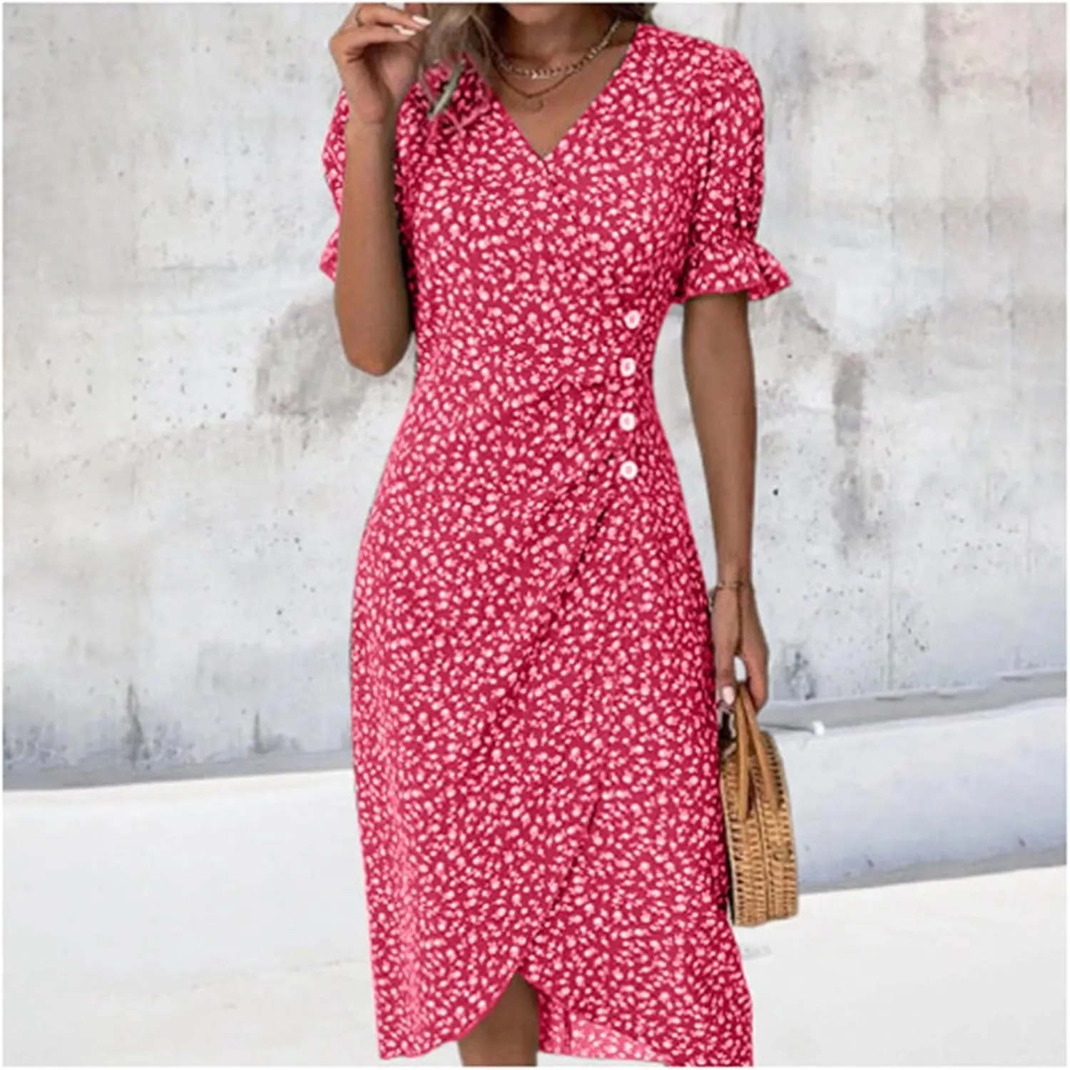 Women's Bohemian Floral Printed Short Sleeve Summer Dress Wrap V Neck Beach Flowy Irregular Hem Slit Midi Dresses