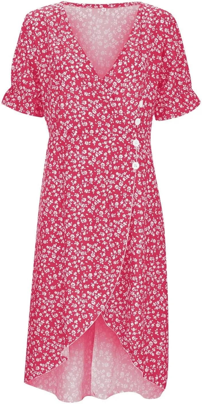 Women's Bohemian Floral Printed Short Sleeve Summer Dress Wrap V Neck Beach Flowy Irregular Hem Slit Midi Dresses