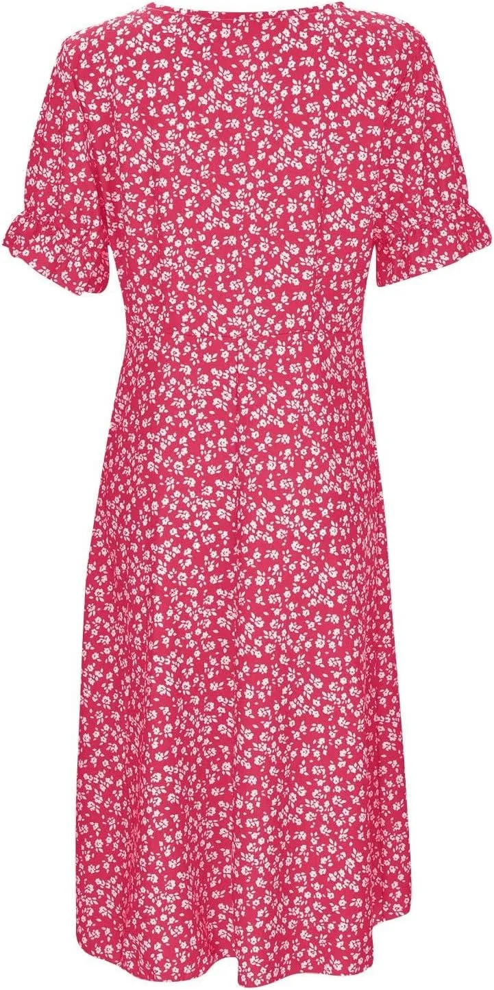 Women's Bohemian Floral Printed Short Sleeve Summer Dress Wrap V Neck Beach Flowy Irregular Hem Slit Midi Dresses