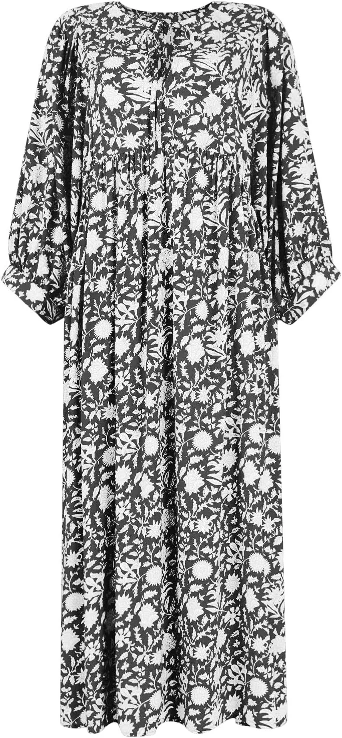 Womens Boho Maxi Dresses Summer Floral 3/4 Puff Sleeve Flowy Swing Tiered Long Beach Sundresses Vacation Outfits