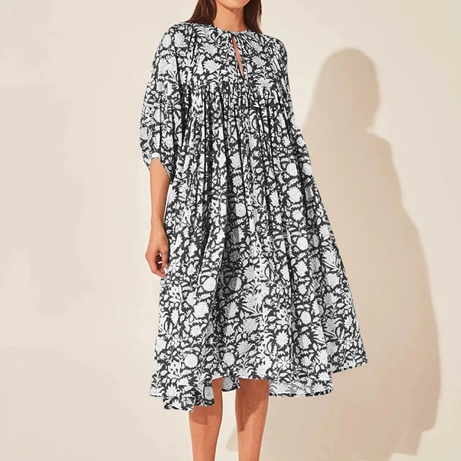 Womens Boho Maxi Dresses Summer Floral 3/4 Puff Sleeve Flowy Swing Tiered Long Beach Sundresses Vacation Outfits