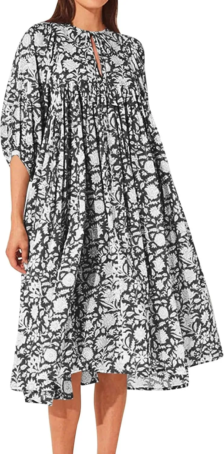 Womens Boho Maxi Dresses Summer Floral 3/4 Puff Sleeve Flowy Swing Tiered Long Beach Sundresses Vacation Outfits