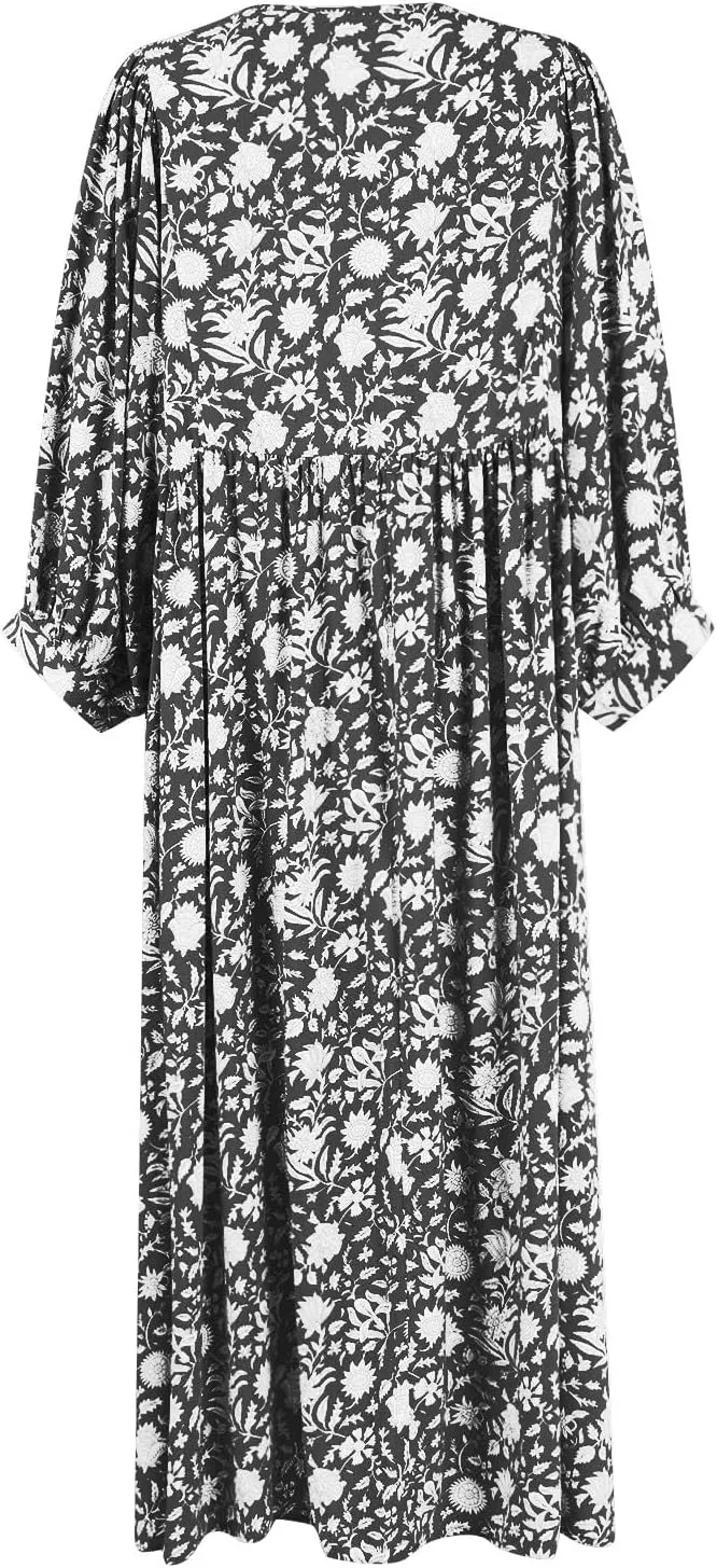 Womens Boho Maxi Dresses Summer Floral 3/4 Puff Sleeve Flowy Swing Tiered Long Beach Sundresses Vacation Outfits