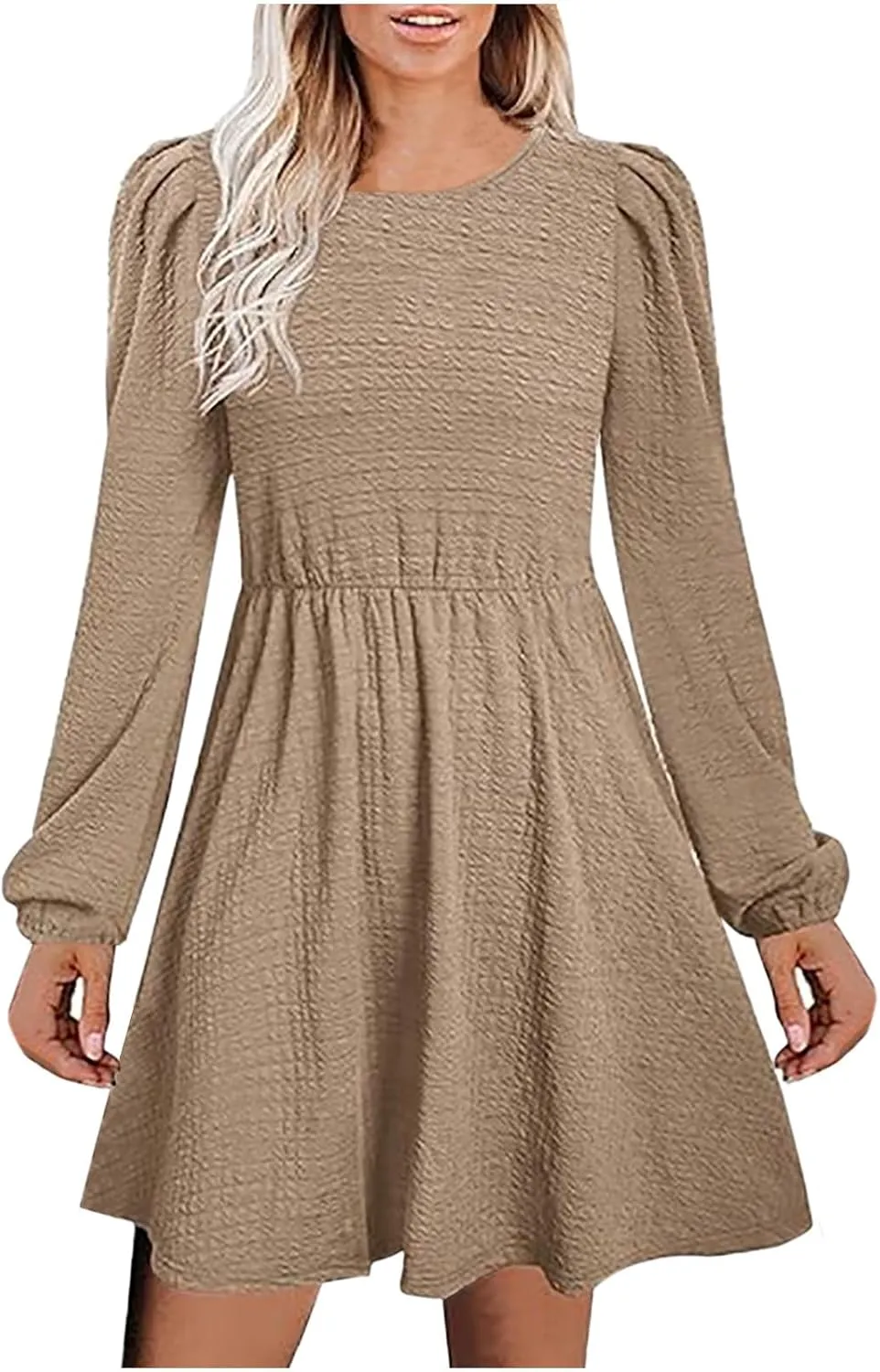 Women's Casual Pleated Tiered A Line Dress Long Sleeve Crewneck Swing Ruffle Mini Dress Solid Fall Trendy Dresses