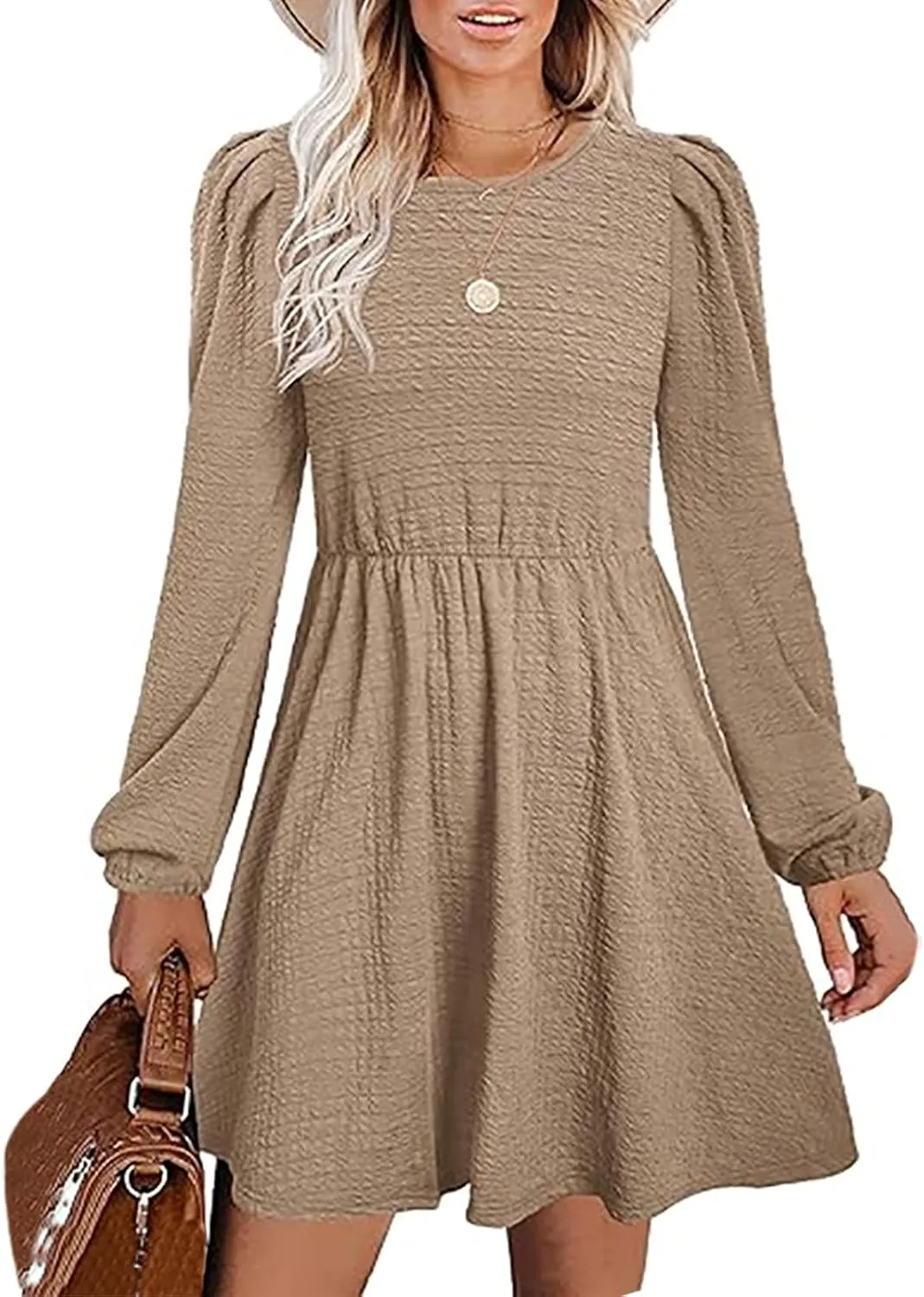 Women's Casual Pleated Tiered A Line Dress Long Sleeve Crewneck Swing Ruffle Mini Dress Solid Fall Trendy Dresses
