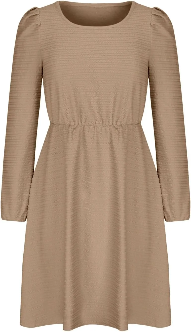 Women's Casual Pleated Tiered A Line Dress Long Sleeve Crewneck Swing Ruffle Mini Dress Solid Fall Trendy Dresses