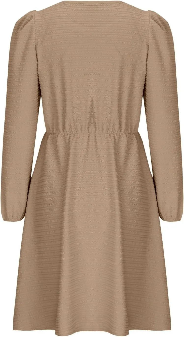 Women's Casual Pleated Tiered A Line Dress Long Sleeve Crewneck Swing Ruffle Mini Dress Solid Fall Trendy Dresses