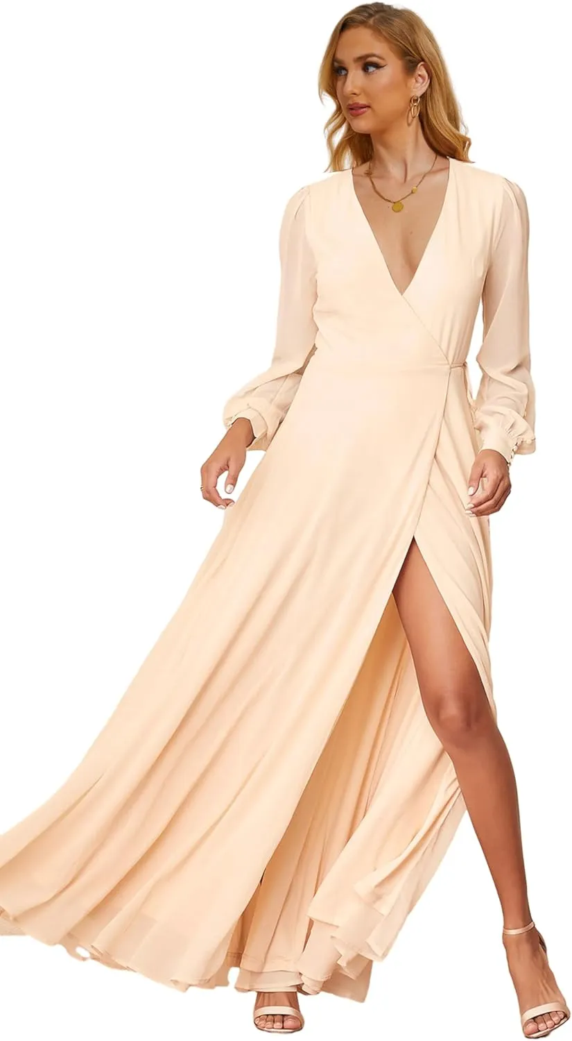 Women's Chiffon Bridesmaid Dresses with Sleeves High Split Wedding Party Dress V Neck Long Formal Gown