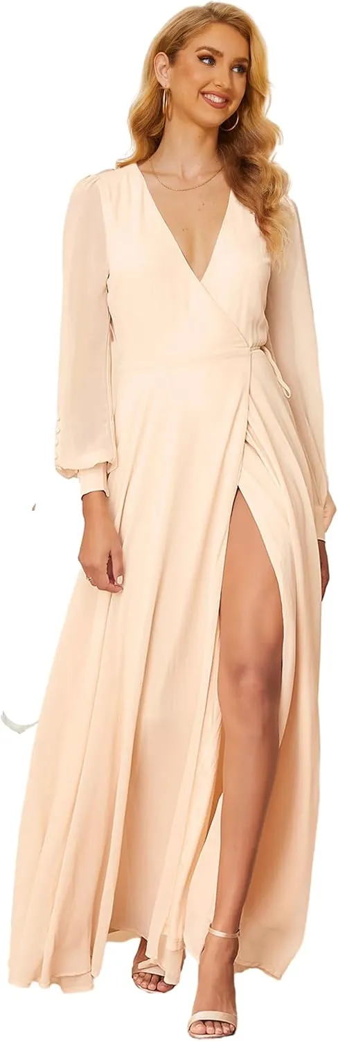 Women's Chiffon Bridesmaid Dresses with Sleeves High Split Wedding Party Dress V Neck Long Formal Gown