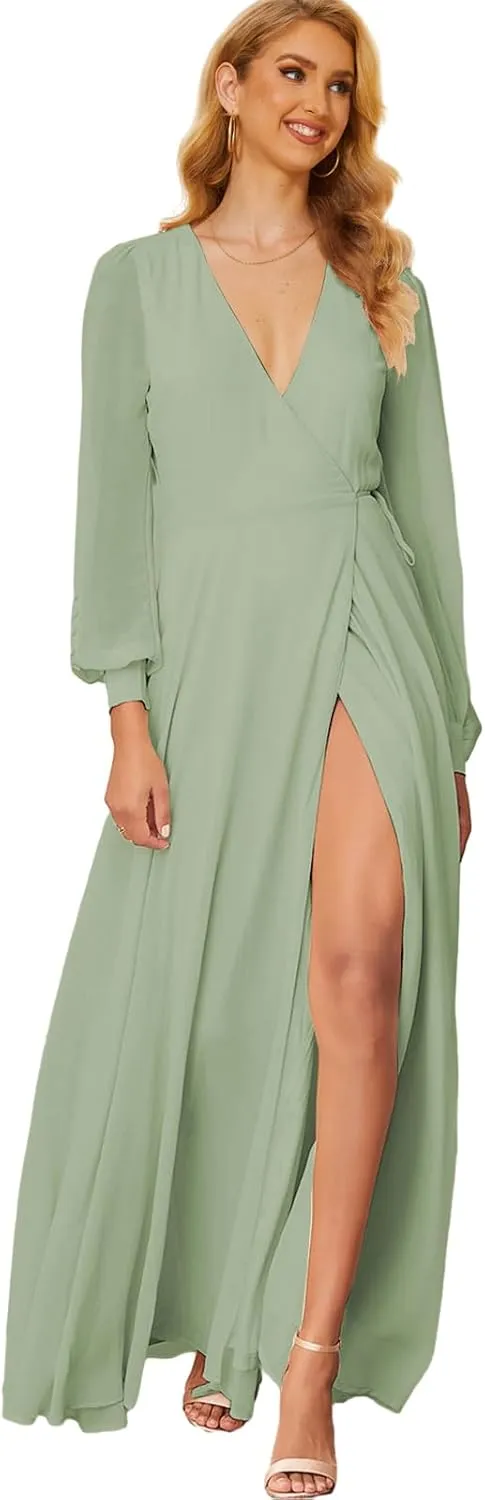 Women's Chiffon Bridesmaid Dresses with Sleeves High Split Wedding Party Dress V Neck Long Formal Gown